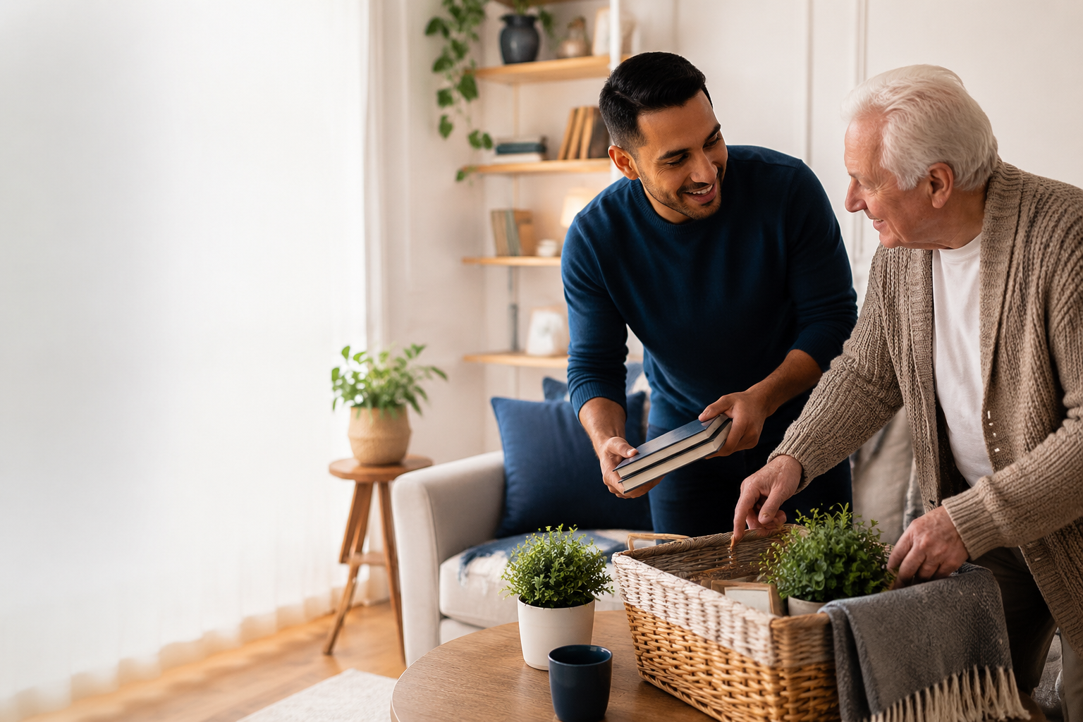 A home helper and an older adult organizing a bright living room together